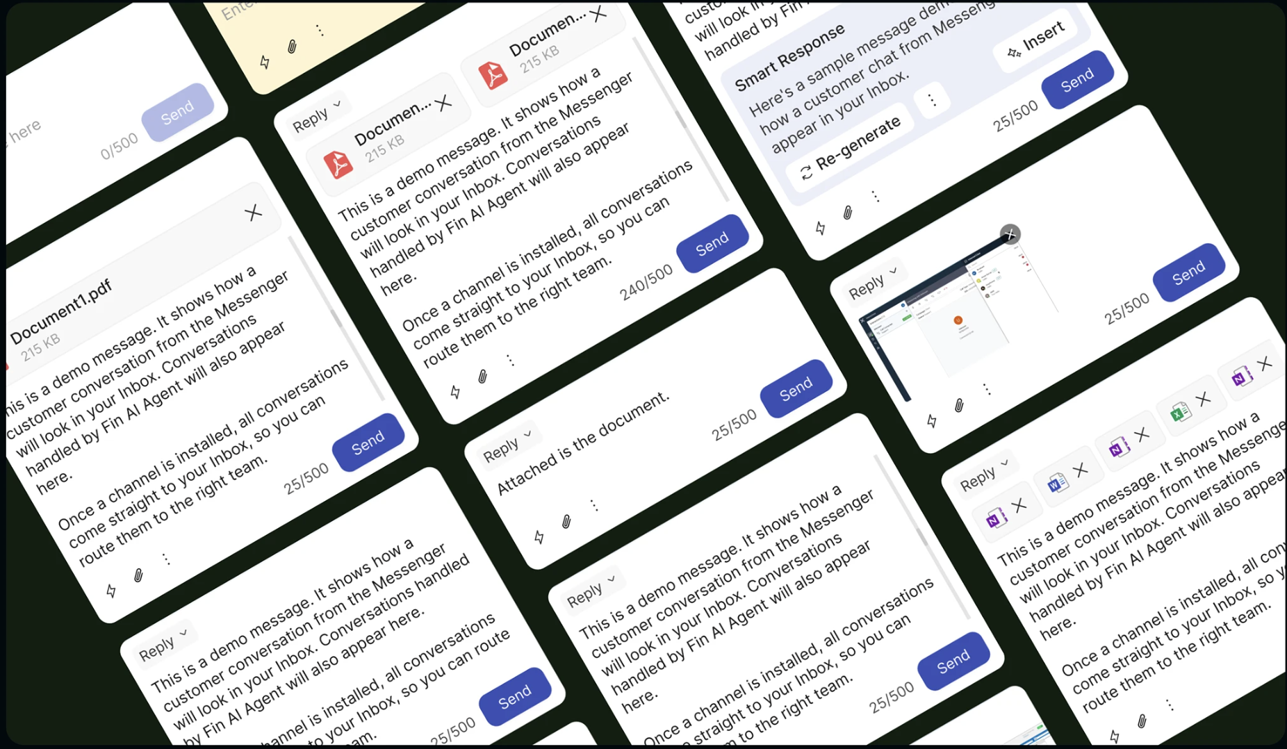 Chat composer states — attachments, smart responses, multi-channel replies